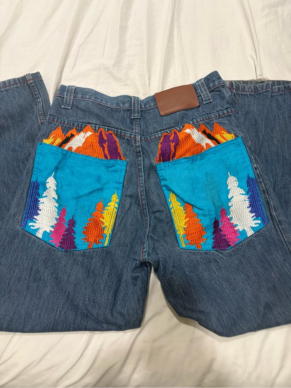 COOGI Denim Jeans with Vibrant Mountain and Trees Embroidery